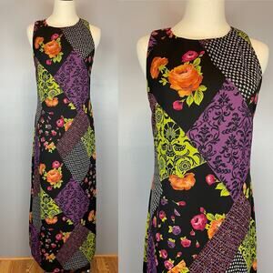 Vintage 1990s Printed Patchwork Polyester Chiffon Maxi Whimsy Goth Med